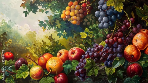 Wide-angle view, meticulously rendered oil painting of an abundant fruit orchard, filled with lush, ripe fruits of diverse colors, realistic textures, pastoral background, rich earthy tones