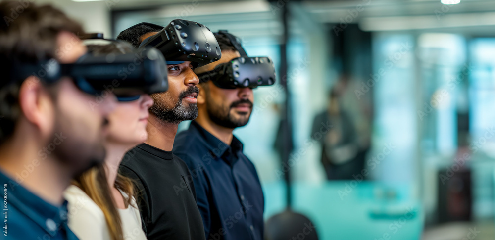 The instructor trains employees using advanced AI technology tools and virtual reality headsets, demonstrating the integration of diversity and innovation in the workplace. The instructor trains employees using advanced AI technology tools and virtual reality headsets, demonstrating the integration of diversity and innovation in the workplace.