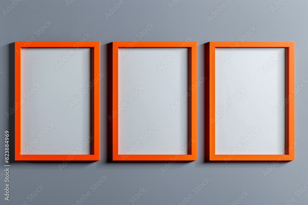 a mock-up with three empty posters in orange frames on a grey background. a mock-up with three empty posters in orange frames on a grey background.