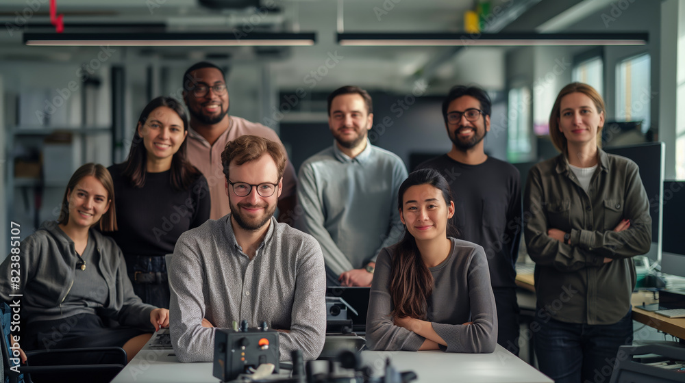 Fototapeta premium Programming Team - A group of tech-savvy colleagues pose in a modern office, they demonstrate the dynamic spirit of a modern programming team