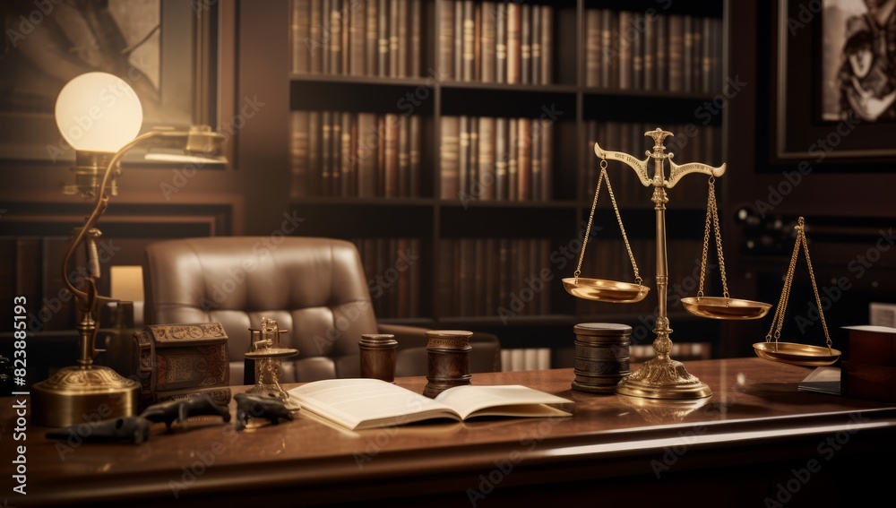 Harmony of Justice Law Scale and Books on a Desk of Warm Brown Tones Harmony of Justice Law Scale and Books on a Desk of Warm Brown Tones