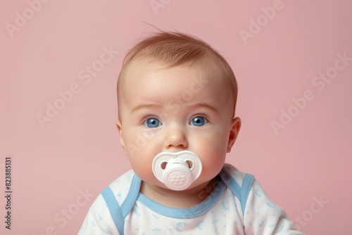 A pacifier calms the crying baby on a pastel pink backdrop, bringing tranquility to the scene photo
