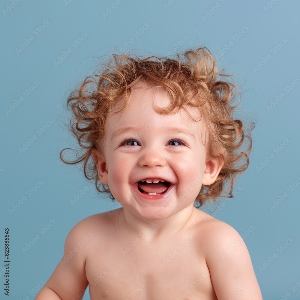 Laughing baby with curly hair isolated on solid pastel blue background Laughing baby with curly hair isolated on solid pastel blue background