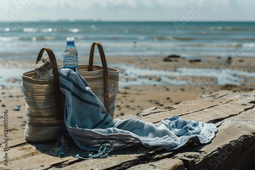 Serenity by the Shore: Water Bottle and Bag Resting on Beach photo