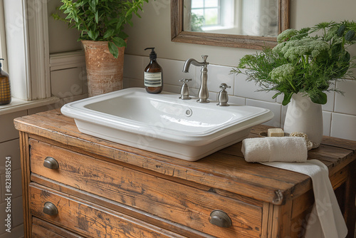 A serene bathroom with a DIY vanity made from a vintage dresser  repurposed with a modern sink and sleek hardware  blending old and new.