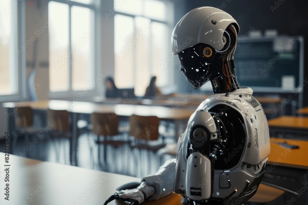 Advanced robot teaching a classroom of students, AI generated Advanced robot teaching a classroom of students, AI generated