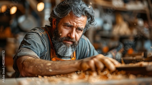 Beard senior carpenter intently working on a wood piece in a vintage workshop