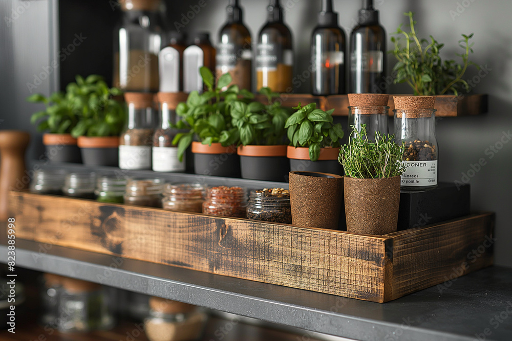 A DIY herb garden mounted on a kitchen wall, with small pots neatly arranged and labeled, providing fresh herbs and a decorative touch.