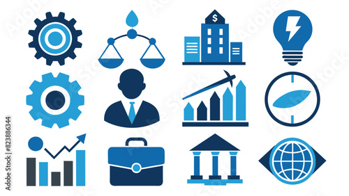 Collection of modern blue business, finance, industry, technology, and law icons set