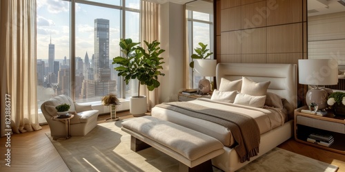 High rise penthouse bedroom with large windows, modern furniture