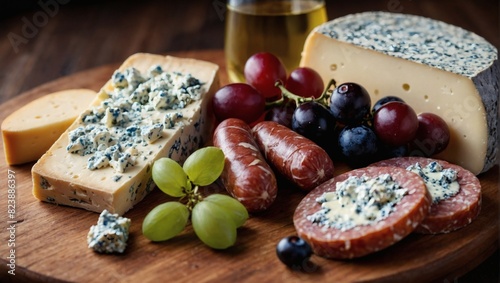 Wine, cheeses, and sausages on wooden board, Brie, blue cheese, Gorgonzola, fuet, salami.