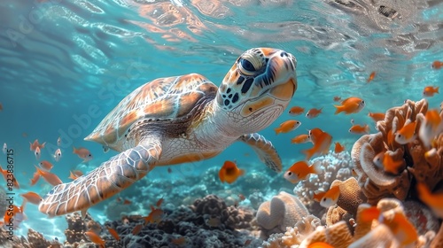 Sunny underwater scene with a sea turtle swimming among fish and coral in shimmering water