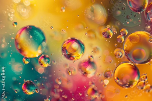 "A macro shot of oil and water mixing, forming abstract shapes and colorful patterns."