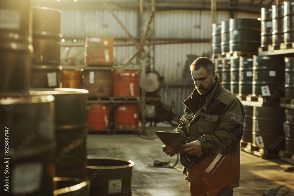 A man standing in a warehouse, looking at a tablet. Suitable for business and technology concepts A man standing in a warehouse, looking at a tablet. Suitable for business and technology concepts