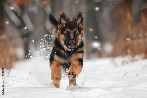A dog running through the snow in a forest. Perfect for outdoor and winter-themed designs