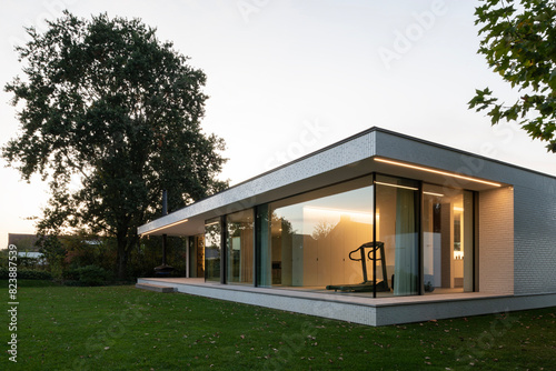 minimalist villa at dusk