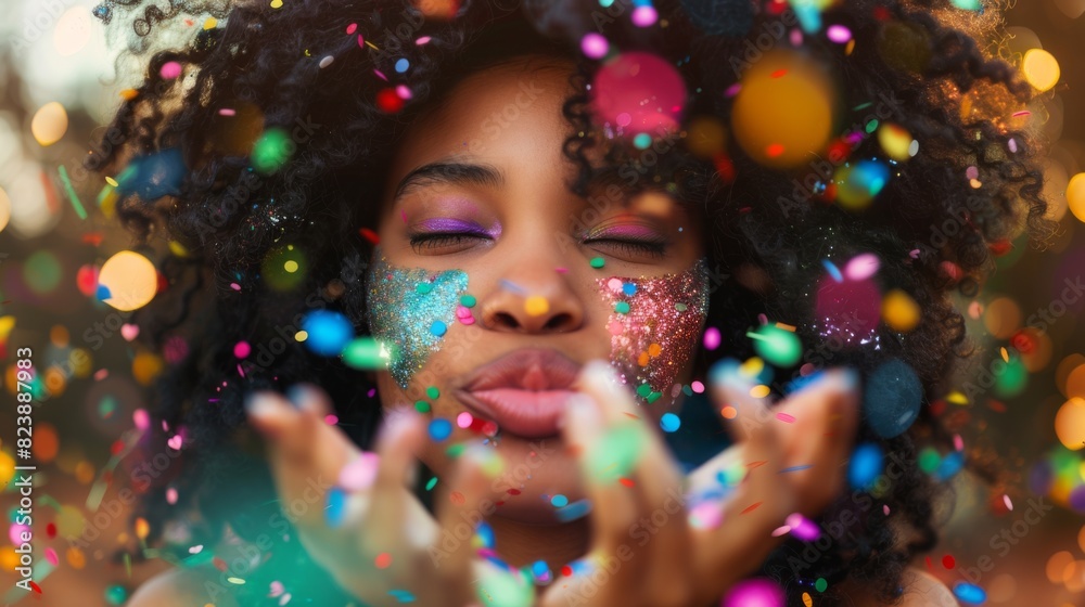Woman Blowing Colorful Confetti Woman Blowing Colorful Confetti