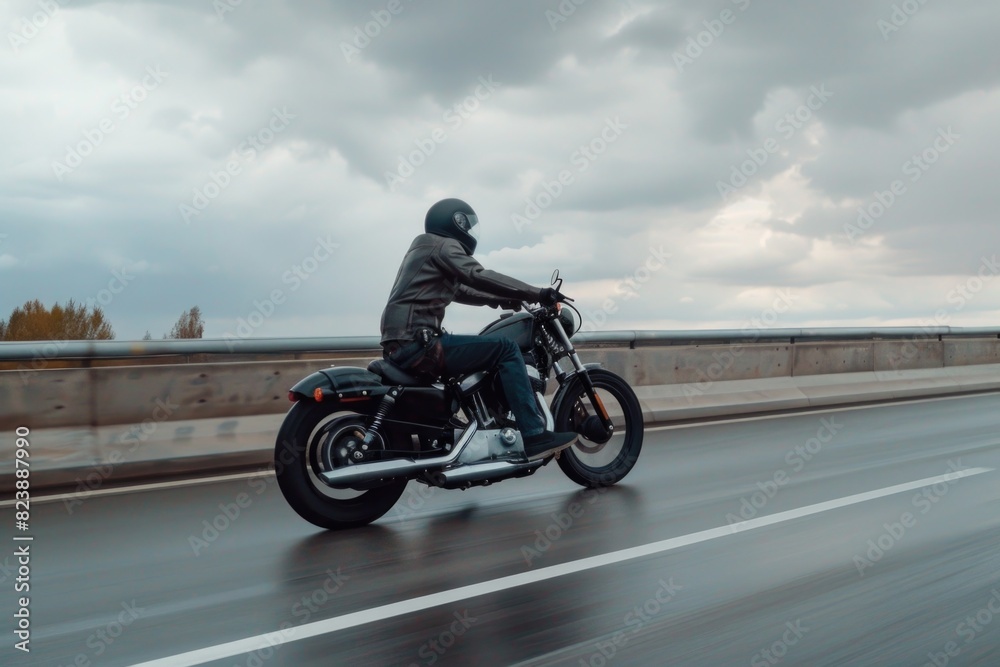 A man riding a motorcycle on a highway, suitable for travel and transportation concepts A man riding a motorcycle on a highway, suitable for travel and transportation concepts