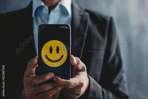 businessman pressing smiley face icon on mobile phone customer satisfaction concept photo