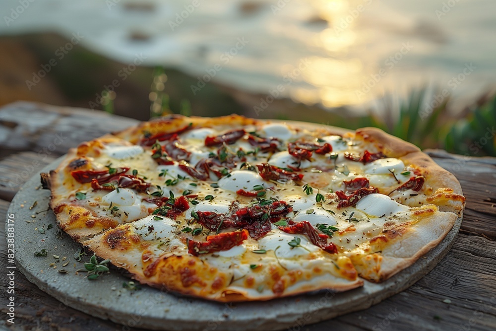 A gourmet slice of pizza, topped with fresh mozzarella and sun-dried tomatoes, elegantly placed on a round, rustic stone plate.