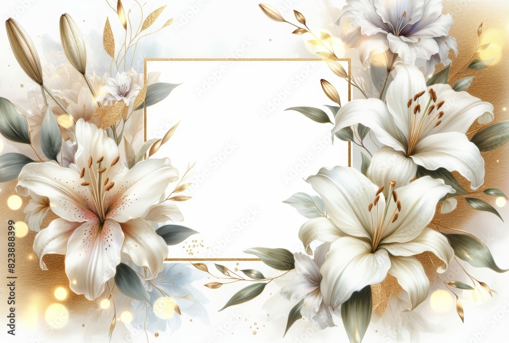 Fototapeta premium Elegant floral frame: white lilies & gold accents, ideal for invitations, greeting cards, or designs