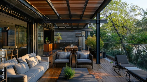 modern outdoor area with wooden deck and black metal latticed roof, surrounded by lush greenery