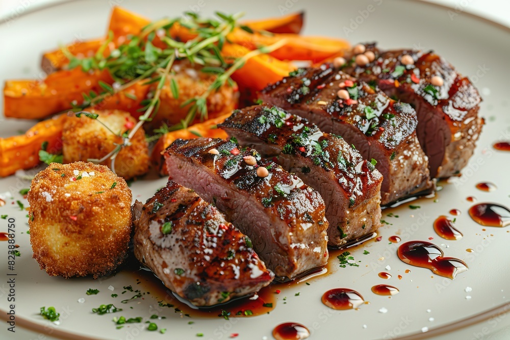 A plate of meat and vegetables with a sauce on top A plate of meat and vegetables with a sauce on top