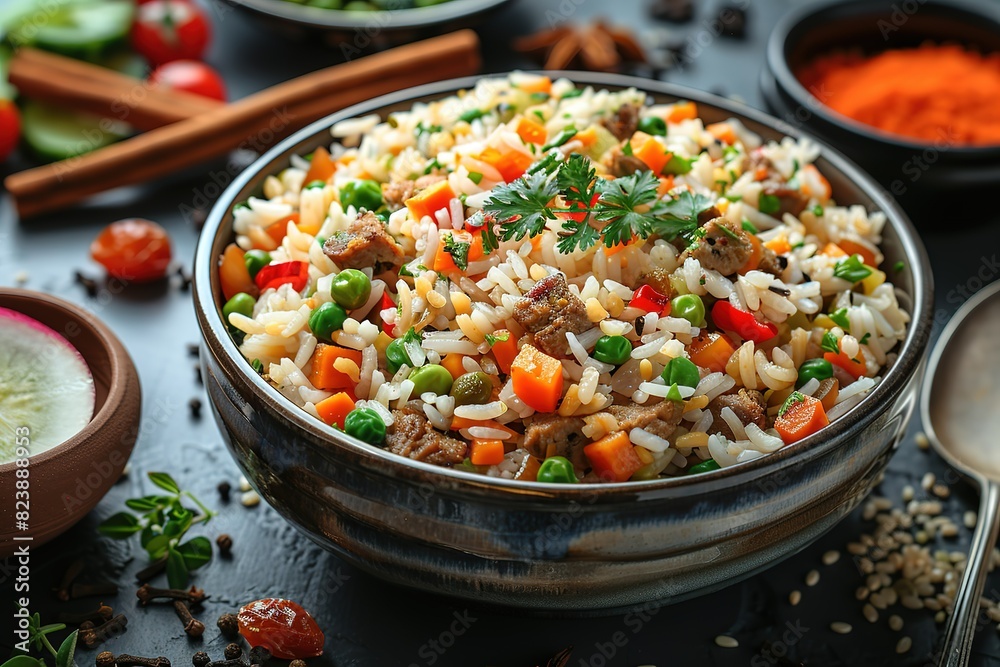 A bowl of rice with vegetables and meat A bowl of rice with vegetables and meat