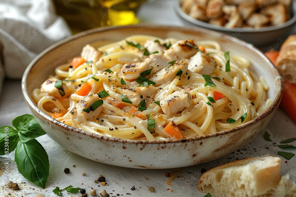 A bowl of pasta with chicken and carrots, served on a white wooden table in a front view.