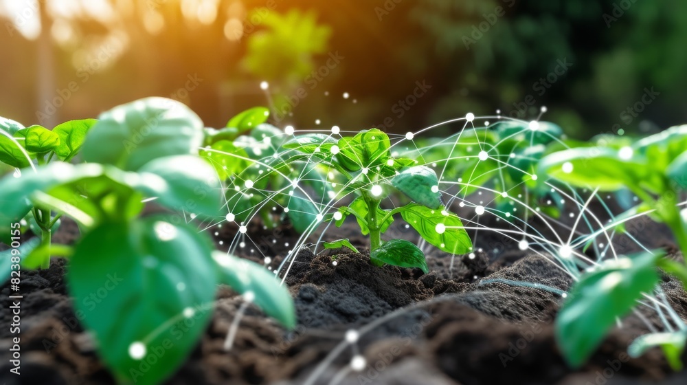 Young basil plants growing in rich soil under a digital network overlay, symbolizing advanced agricultural technology. Young basil plants growing in rich soil under a digital network overlay, symbolizing advanced agricultural technology.