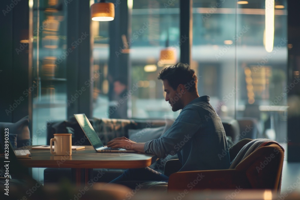 A man sitting at a table working on a laptop. Suitable for business and technology concepts A man sitting at a table working on a laptop. Suitable for business and technology concepts