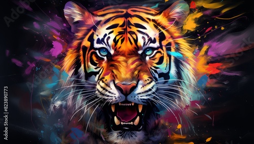 Powdered Passion Tiger s Intensity Enveloped in Colorful Explosion