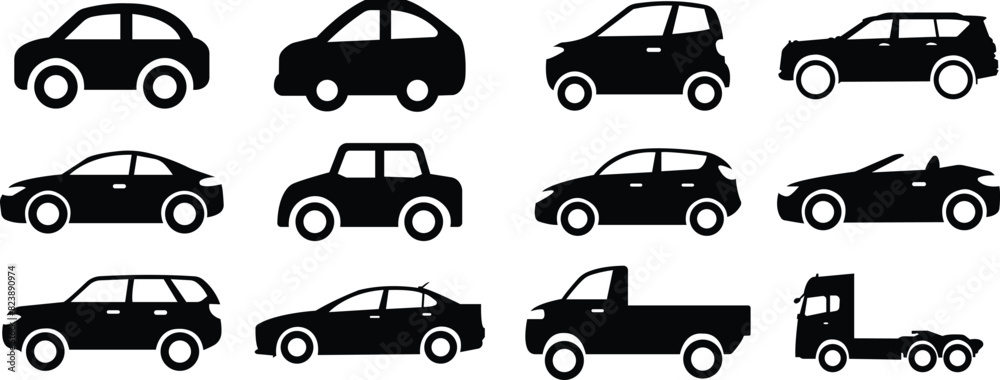 Car icons set. The car from different style vector. Side view black flat collection isolated on transparent background. Transportation symbol, traffic sign, travel element for website and app Car icons set. The car from different style vector. Side view black flat collection isolated on transparent background. Transportation symbol, traffic sign, travel element for website and app