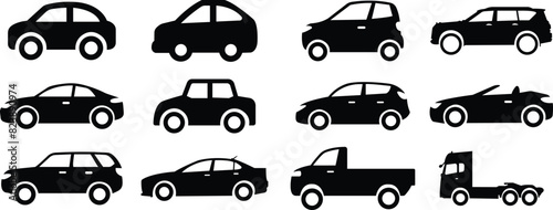Car icons set. The car from different style vector. Side view black flat collection isolated on transparent background. Transportation symbol, traffic sign, travel element for website and app