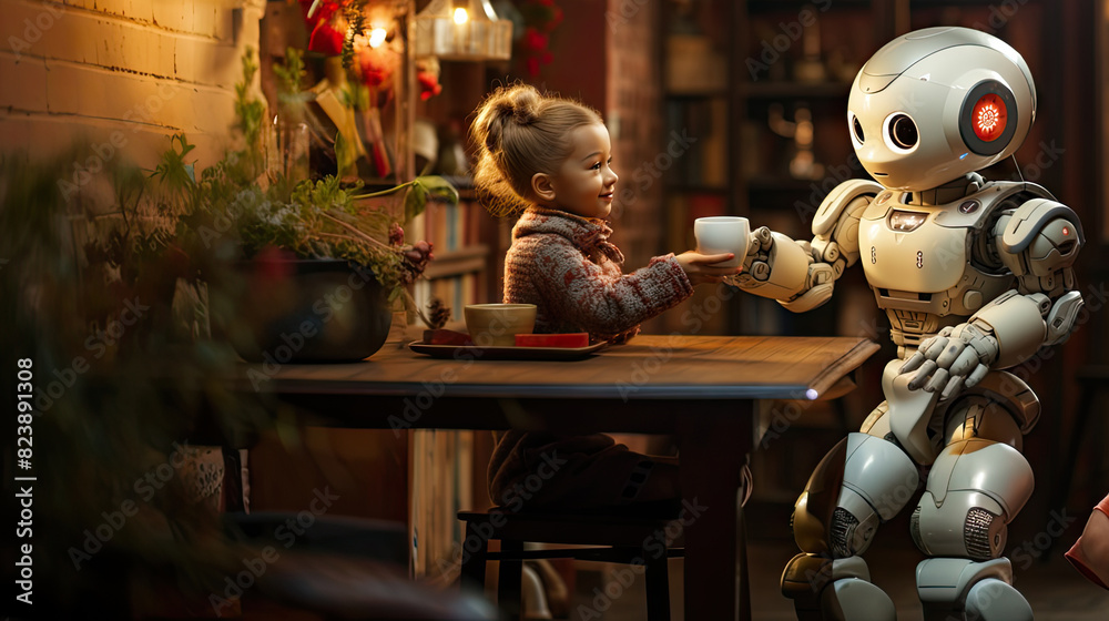 A scene depicting a robot and a child sitting across from each other at a cafe table, sharing a warm beverage together