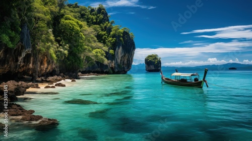 A traditional Thai longtail boat anchored in the clear blue waters near towering limestone cliffs on a sunny day