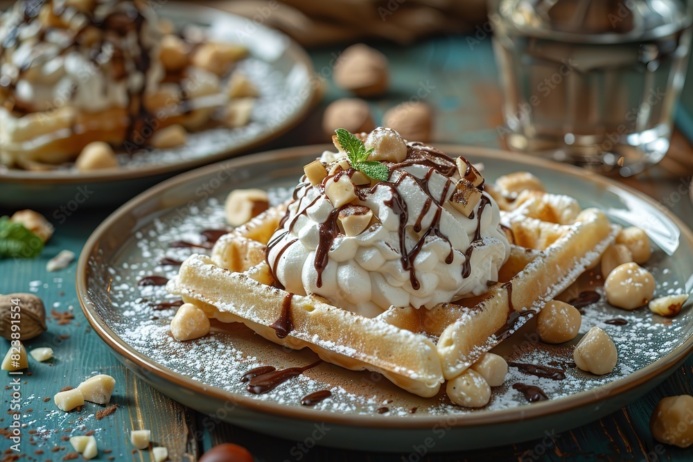 A plate of waffles with chocolate sauce and whipped cream A plate of waffles with chocolate sauce and whipped cream