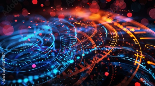 abstract math tech background, glowing neon circle pattern, overlapping circles, glowing gears