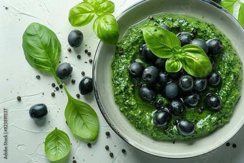 A white bowl filled with green food and black berries