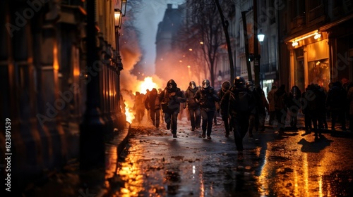 Ominous photo of people protesting in an urban environment with smoke filling the street and a blurred background