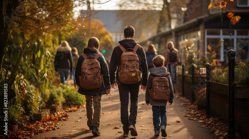 Heartwarming photo of a family with two children walking along a sidewalk, surrounded by autumn foliage