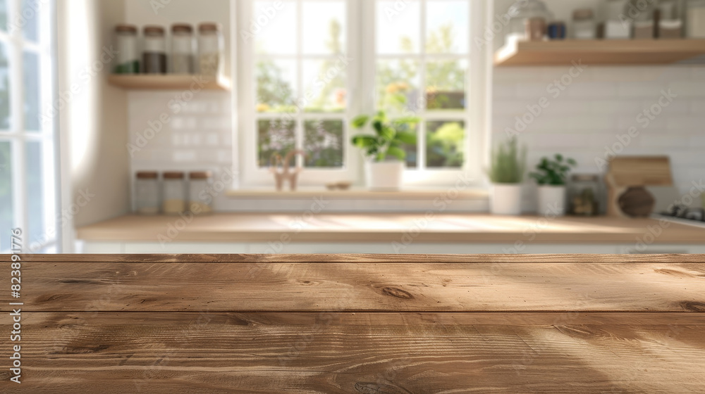 Clean wooden surface in blurred kitchen setting. Versatile background for various products. Clean wooden surface in blurred kitchen setting. Versatile background for various products.