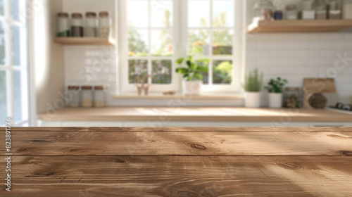 Clean wooden surface in blurred kitchen setting. Versatile background for various products.