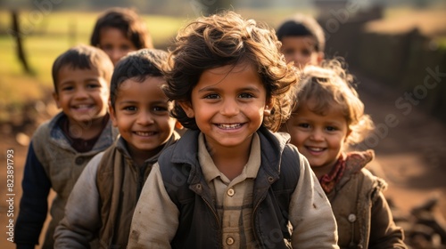 Happy rural children playing together outdoors, showing joy and friendship among a group of young friends
