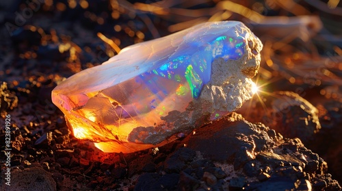 A rock with a glowing piece of rock embedded in it. Can be used for geology or mineralogy concepts photo