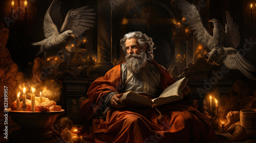 An artistic  baroque-style painting of an old man with doves and candles around him