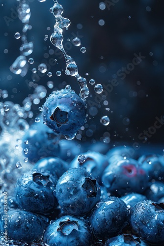 blueberries splashed droplets of water
