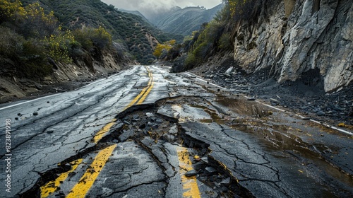 A road with a visible crack running through it, suitable for infrastructure or maintenance concepts