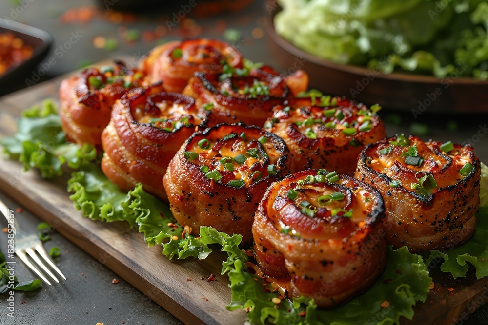 A plate of bacon wrapped in lettuce sits on a wooden table