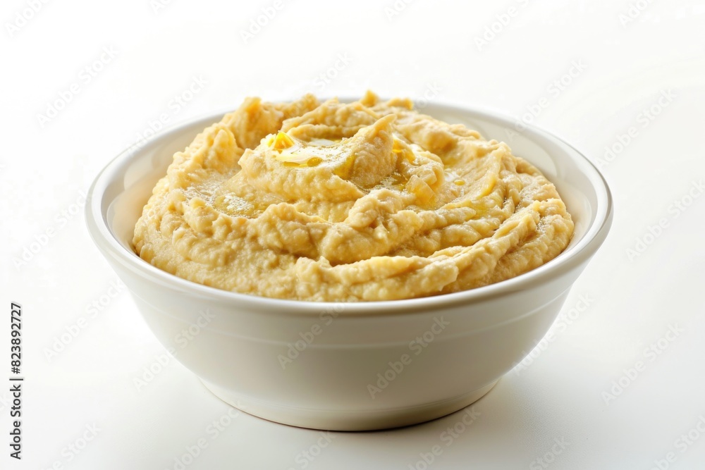 A bowl of mashed potatoes on a white table, suitable for food and cooking concepts A bowl of mashed potatoes on a white table, suitable for food and cooking concepts
